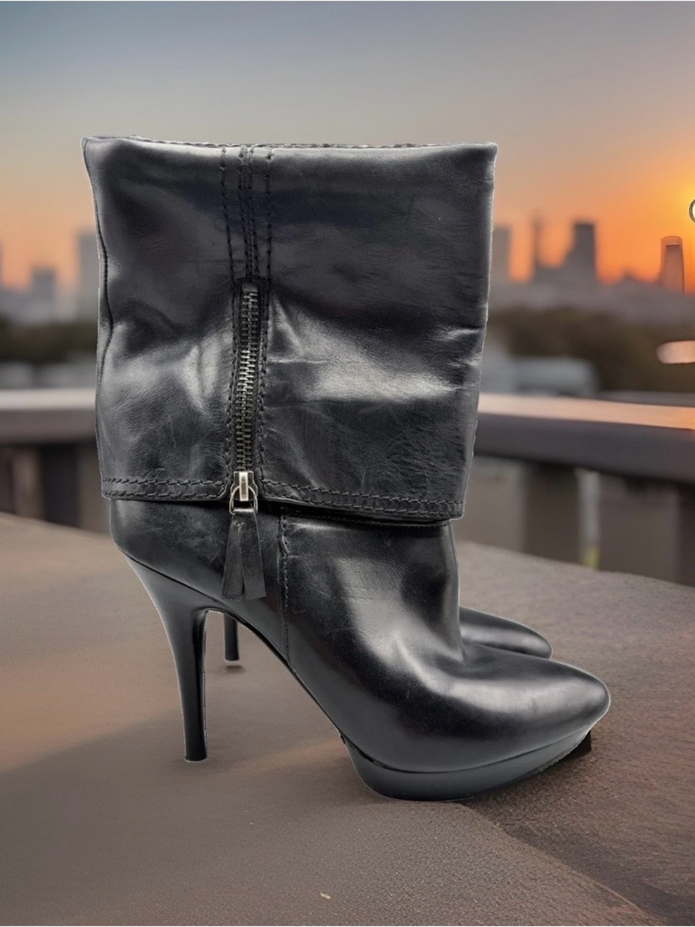 Nine West Black Leather Ankle Boots Platform Heel Size 8